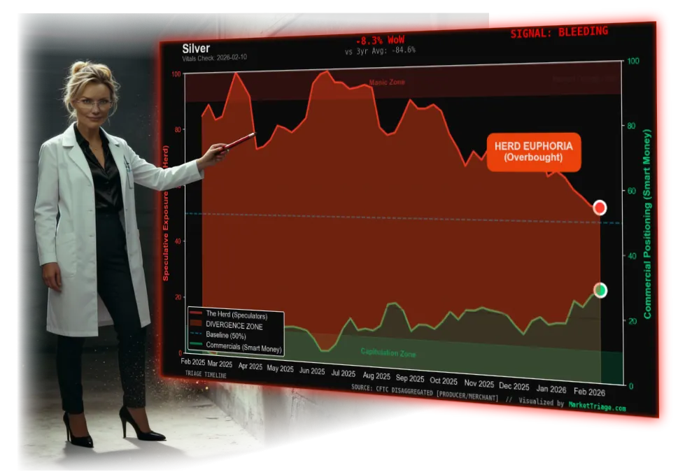 Weekly Market Triage — Silver smart money vs retail positioning chart showing herd euphoria signal