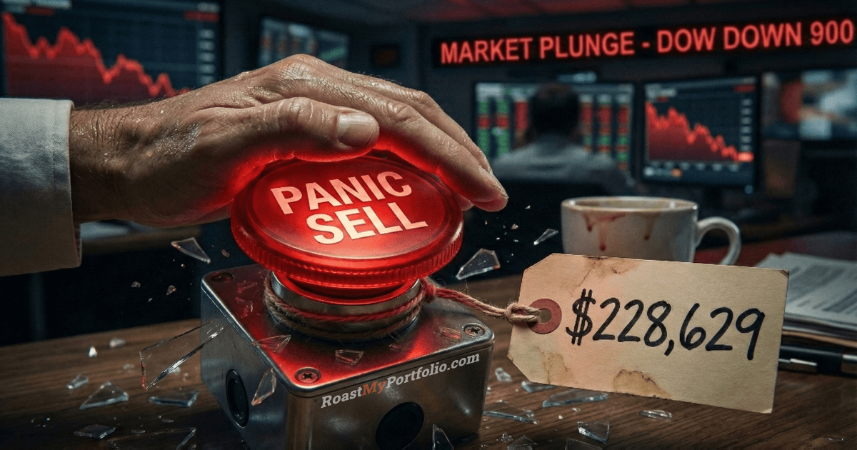 Hand hovering over red panic sell button with $228,629 price tag showing cost of missing best market days