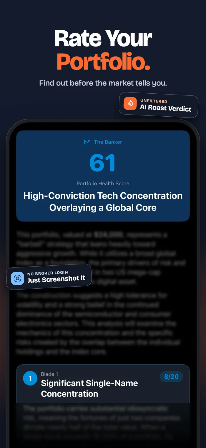 The app's verdict screen showing a 61 Portfolio Health Score above the first scored finding, 'Significant Single-Name Concentration'
