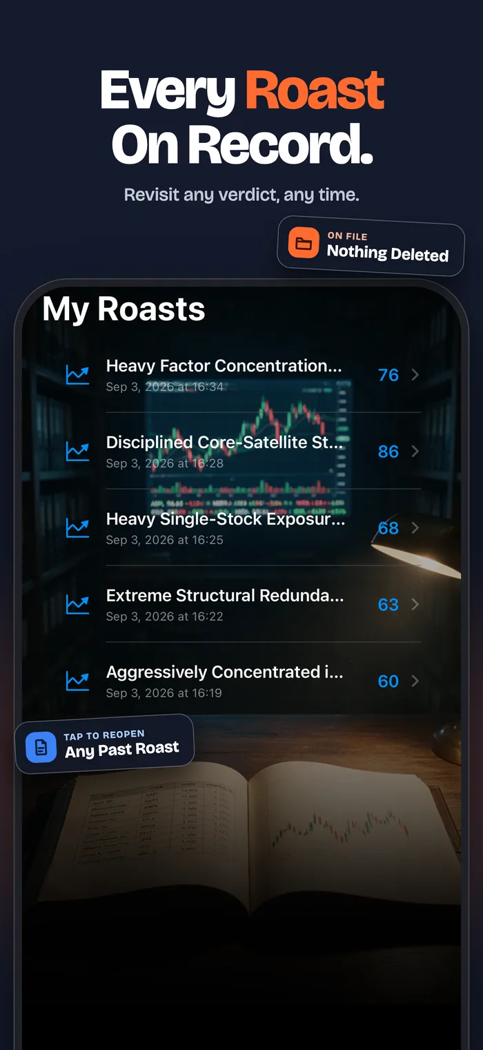 The app's history screen, headed 'Every Roast On Record', listing past roasts with their dates and health scores